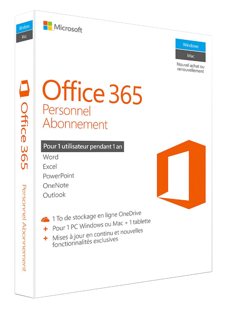 Microsoft Office 365 Personnel | 1 PC Windows ou Mac + 1 tablette | 1 an | Téléchargement