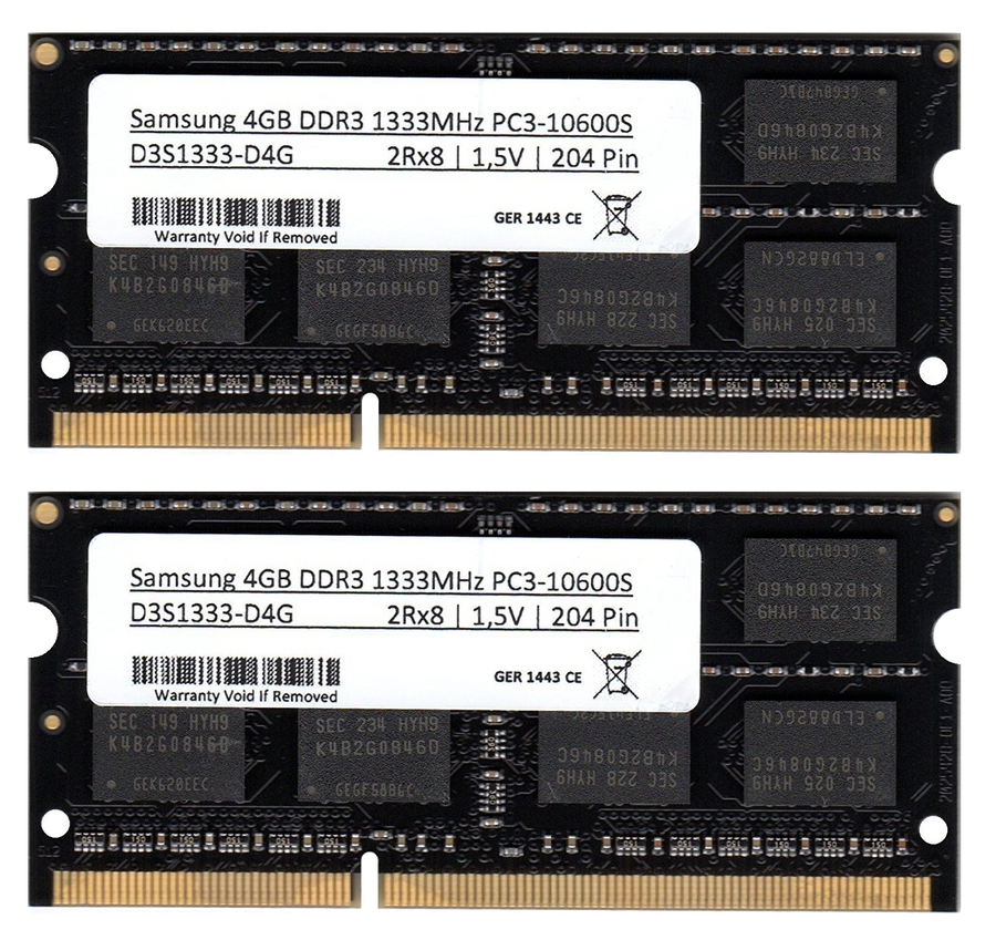 Samsung PC3 10600 Lot de 2 barrettes mémoire de 4 Go (RAM) 1333 MHz DDR3 SO-Dimm pour ordinateur portable et notebook